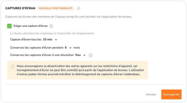 Paramètres et intervalles de capture d'écran